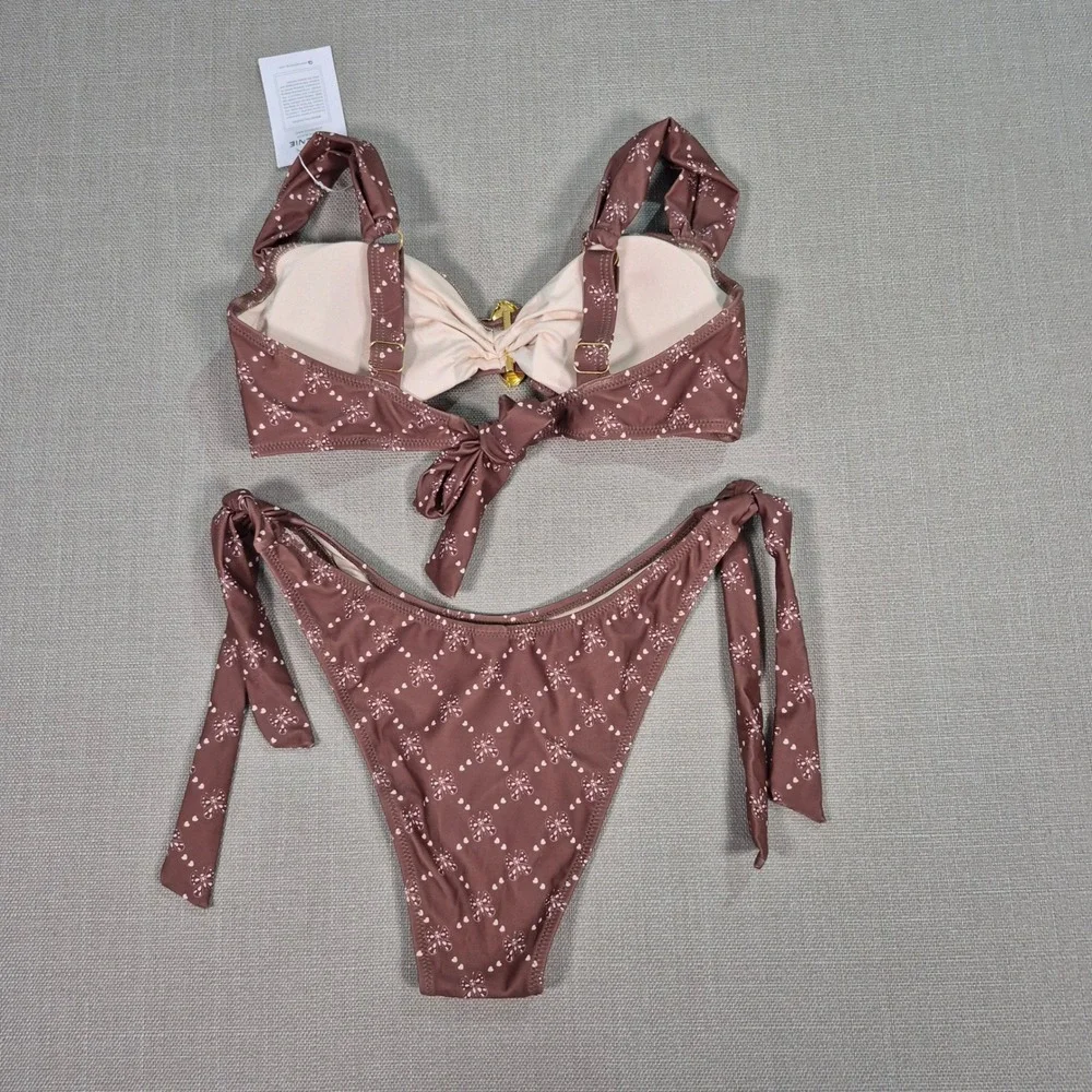 Eomenie Brown Butterfly Print High Waisted Bikini Set Gold Flower Small NWT